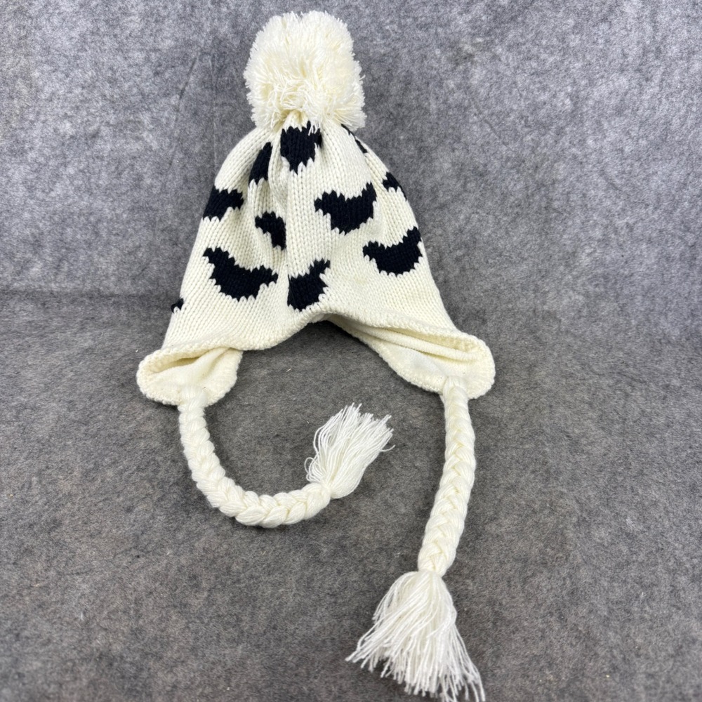 Disneyland Paris Mickey Knit Earflap Beanie Hat White Black Pom Adult Tassels